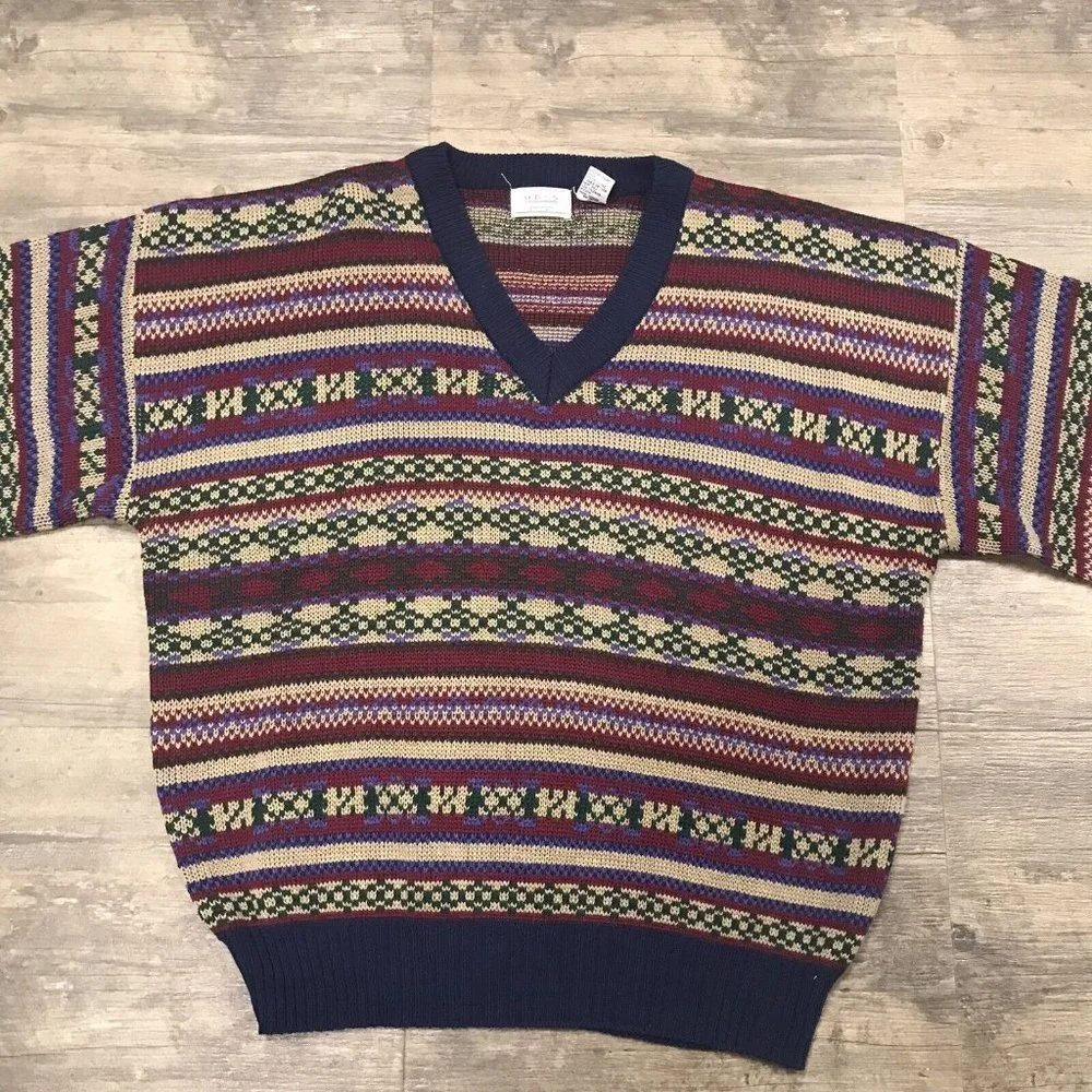 Vintage Sears Men's Store Sweater Size XL Multicolor Blue Grandpa Acrylic - Picture 2 of 10